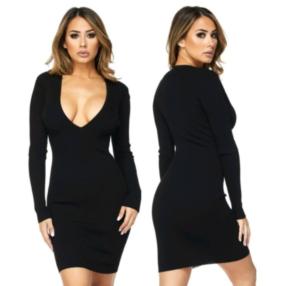 Black Deep V Cleavage Mini Dress